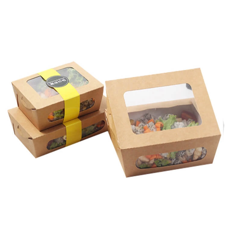 Customized Disposable Brown Kraft Paper Salad Fast Food Take Away Boxes With Clear Window
