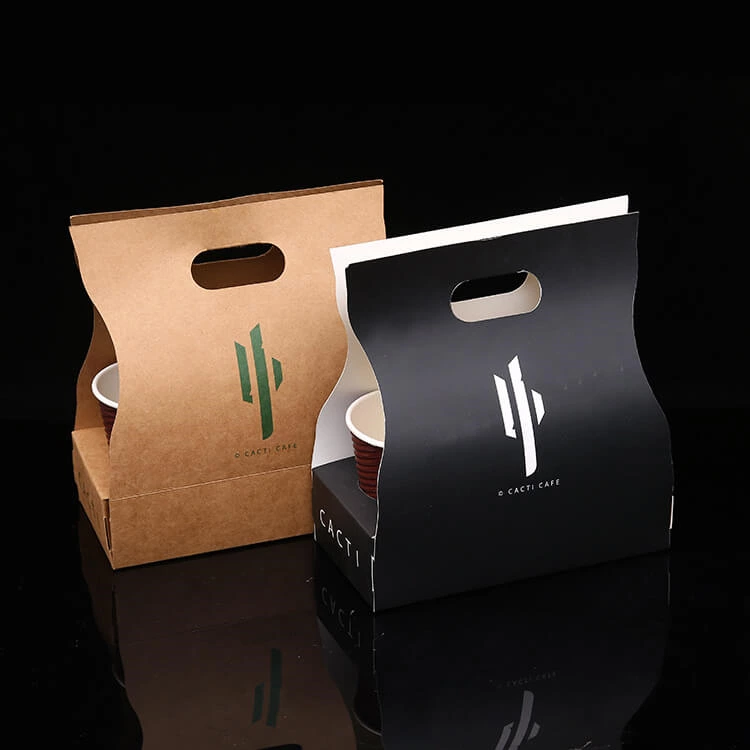 Customized Eco Friendly Disposable Paper Take Out Coffee Cup Drink Carriers 2 Pack Paper Cup Holder With Handle