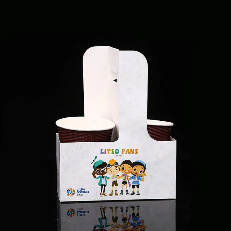 Customized Eco Friendly Disposable Paper Take Out Coffee Cup Drink Carriers 2 Pack Paper Cup Holder With Handle