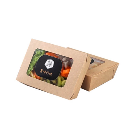 Customized Disposable Brown Kraft Paper Salad Fast Food Take Away Boxes With Clear Window