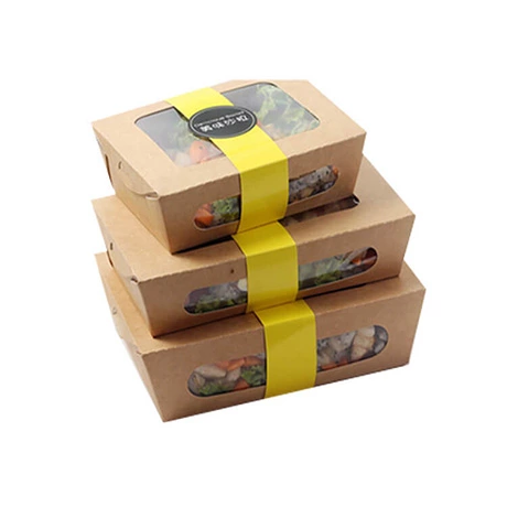 Customized Disposable Brown Kraft Paper Salad Fast Food Take Away Boxes With Clear Window